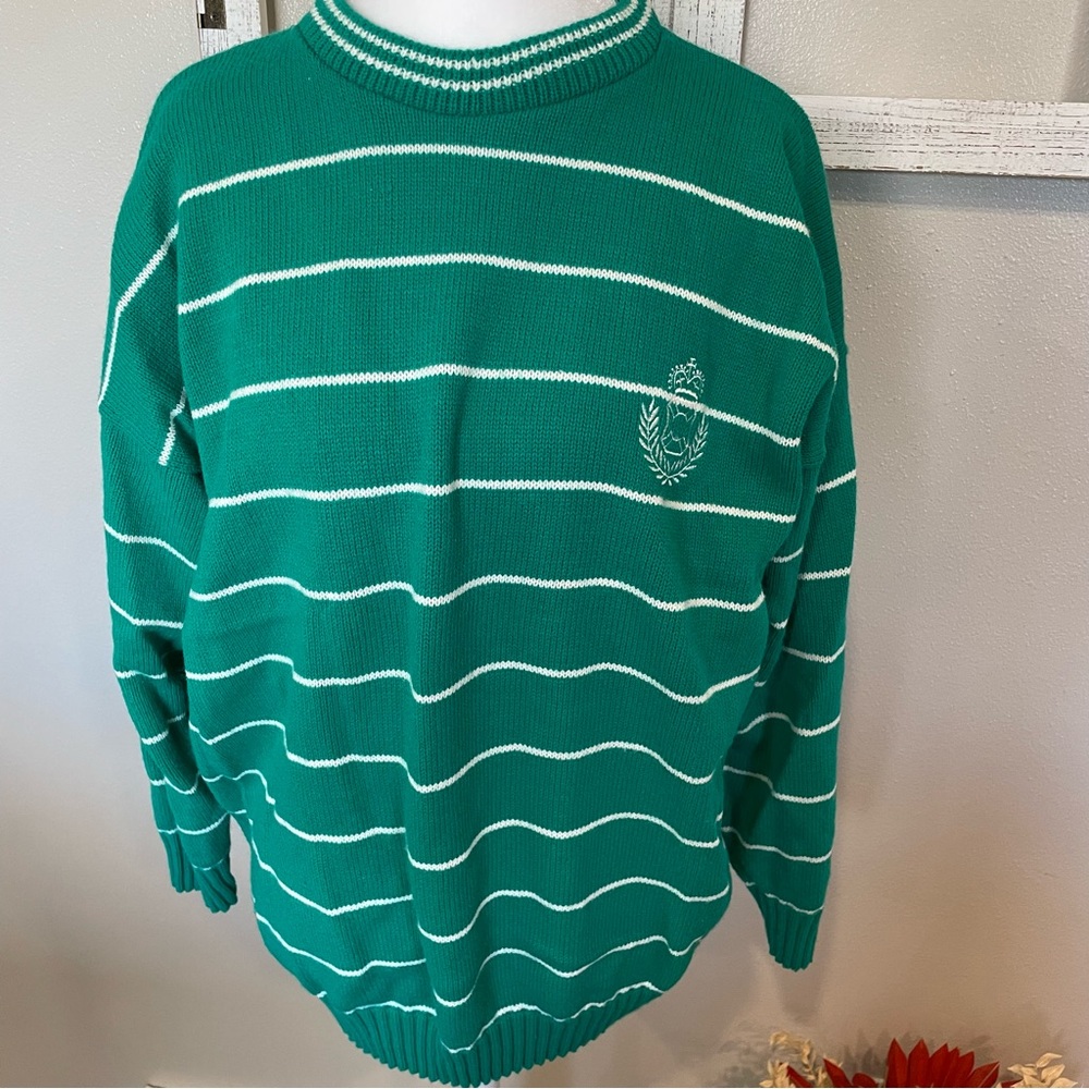 Vintage Kate Collins Green & White Striped Sweater with Crest Logo